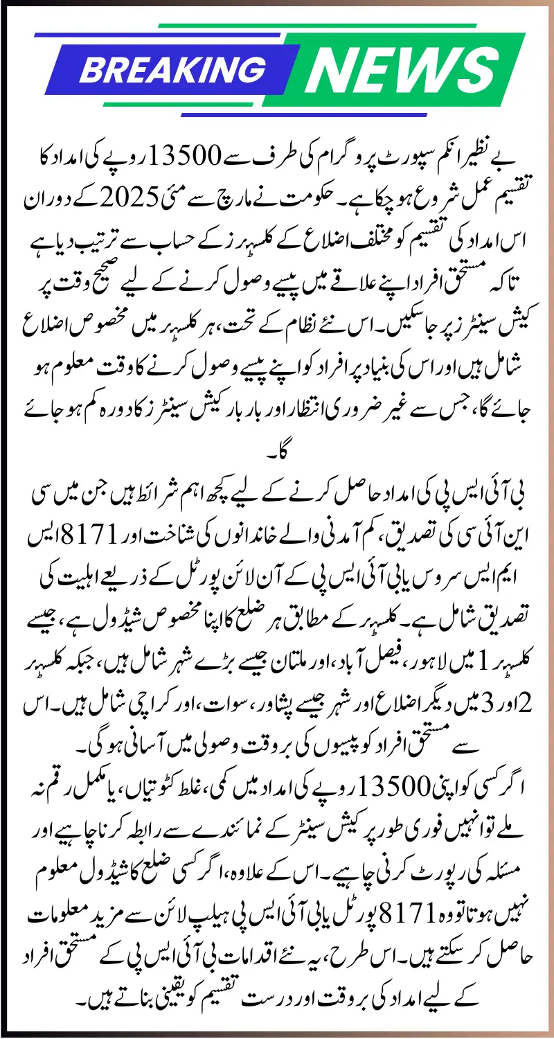 BISP 13500 Stipend Bank Clusters District Wise Distribution Method 2025